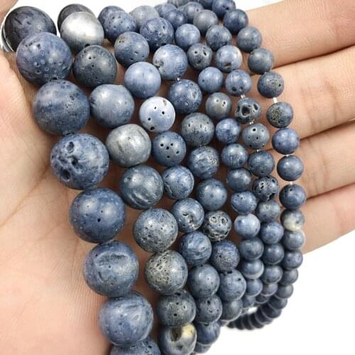 MKTREG Natural Blue coral stone beads Round Spacer Loose beads 6/8/10/12MM Jewelry bracelet necklace accessories DIY making 15
