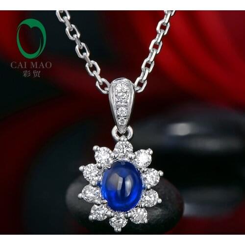 Caimao Natural Blue Sapphire 14kt White Gold Halo 0.29ct H SI Diamonds Pendant for Womens