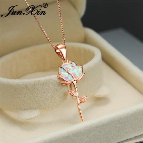 Valentine Day Rose Flower Pendant Purple Fire Opal Necklaces For Women Promise Engagement Wedding Necklace Rose Gold Jewelry
