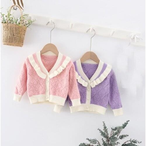 2021 Sweet Autumn Kids Children Knitwear Sweaters Coat Outwear Girls Ruffle Kintted Long Sleeve Cardigan Sweater S12921