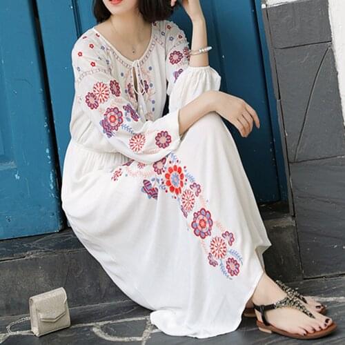Jastie Floral Embroidery Gypsy Hippie Beach Dresses Women Tassel V-Neck Lantern Sleeve Midi Dresses Bohemian Vestidos 2021 Fall