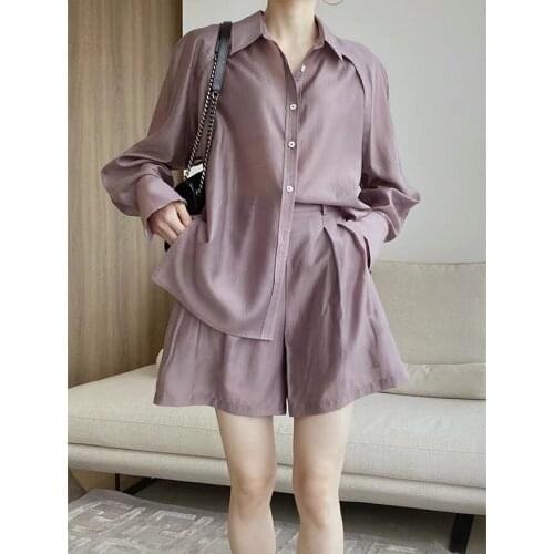 Pure Color Light Cardigan Shirt Loose Simple Casual Shorts Two-piece Female 2021 Summer New Light Mature Sunscreen Suit