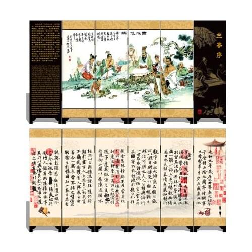 MINI Folding Screens 6 Joined Panels Decorative Painting Wood Byobu Wang Hsi-Chih Calligraphy Orchid Pavilion Preface of Lanting