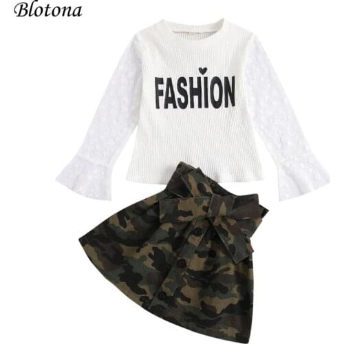Blotona Little Girls Fashion Outfits, Letter Print O-Neck Dots Long Flared Sleeve T-Shirt+Button Camouflage Skirt with Belt 1-7Y