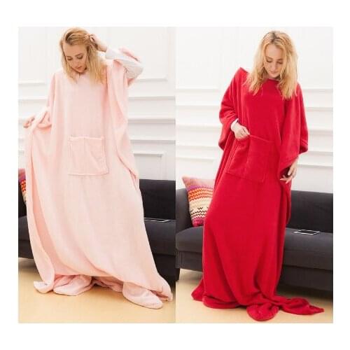 Soft Warm Blanket Long Fleece Blanket with Sleeves Coral Fleece Pocket Blanket Adult Winter Wash Flannel Blankets Robe