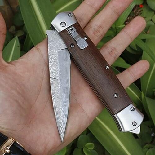 Free shipping sharp Damascus steel imports blacksmithing camping tool folding knife wood handle outdoor self-defense knife