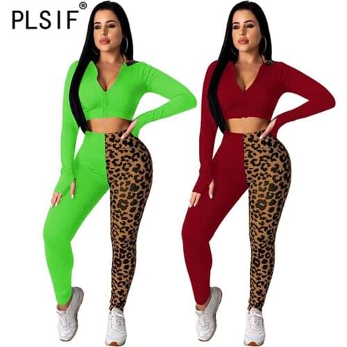 PLSIF New design leopard patchwork women set long sleeve tops and long pant autumn winter tracksuit 2 pieces set