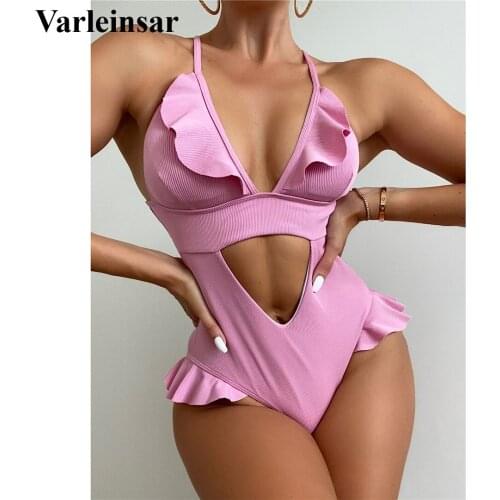 Sexy Ruffled Ribbed Backless Monokini One Piece Swimsuit Women Swimwear Female Tummy Cut Out Bather Bathing Suit Swim Lady V3205