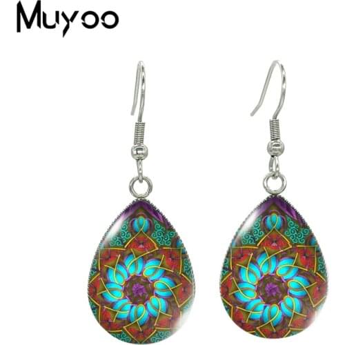 2021 New Mandala Tear drop Earring Flower Art Fish hook Earrings Glass Cabochon Jewelry Handmade Items