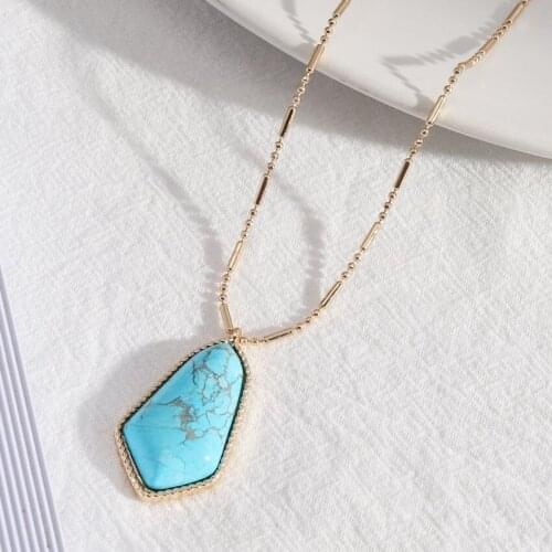 Light Yellow Gold Color Geometric Blue Turquoises Stone Pendant Link Chain Necklace Amethysts Crystal Jewelry