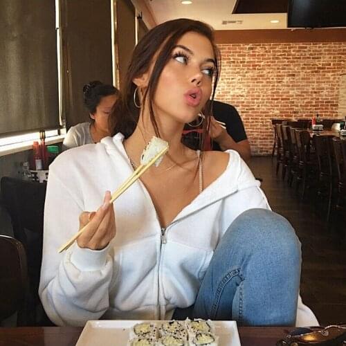 Fashion Solid White Long Sleeve Hoodies New Casual Ladies Fashion Sweatshirts Zipper Style Pockets Crop Hoodies Street Wear