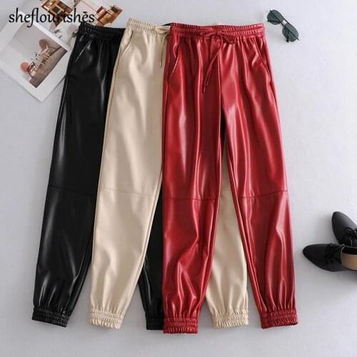Vintage pants autumn joggers women trousers loose faux leather pants women high waist pants black red trousers drawstring 2020