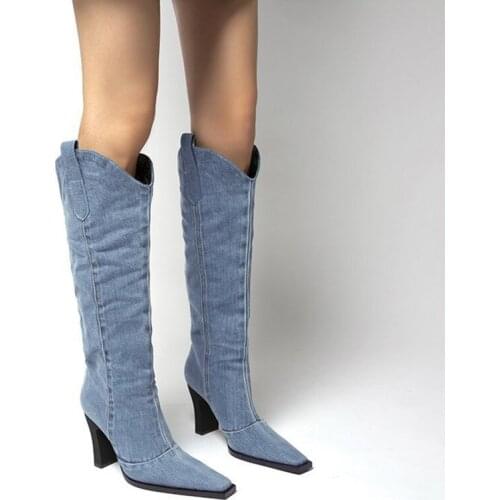 Women Denim 2021 Knee High Boots Autumn Ladies Slip On Western Boots Woman Square Toe High Heels Female Fashion Shoes Winter