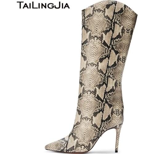 Snake Print Knee High Boots Women 2019 High Stiletto Heel Ladies Long Boot Fashion Pointed Toe Heeled Pull On Autumn Shoes Woman