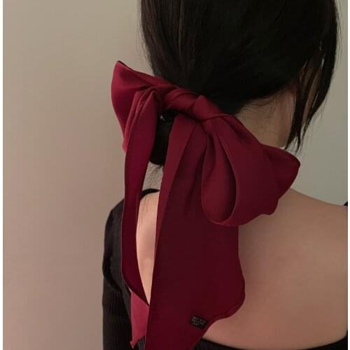 Luna&Dolphin Women Long Scarf 135x12cm French Style Champagne Chiffon Silk Feeling Office Lady Emerald Bow Headbands Bandana