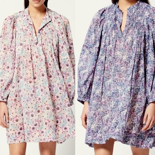 2021 New Vintage Flower Print Ladies Dress V-neck Long Sleeve Loose Women Mini Dress for Holiday