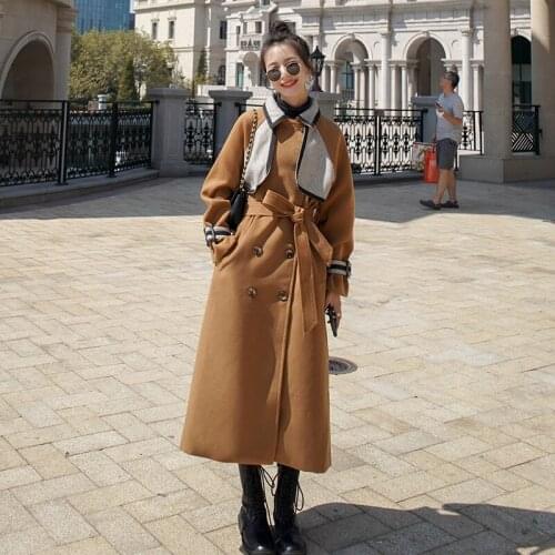 2020 Autumn Winter Female Jacket Splicing Over Knee Loose Fashion Temperament Mid-Length Casual Thickened Warm Woolen Coat B03