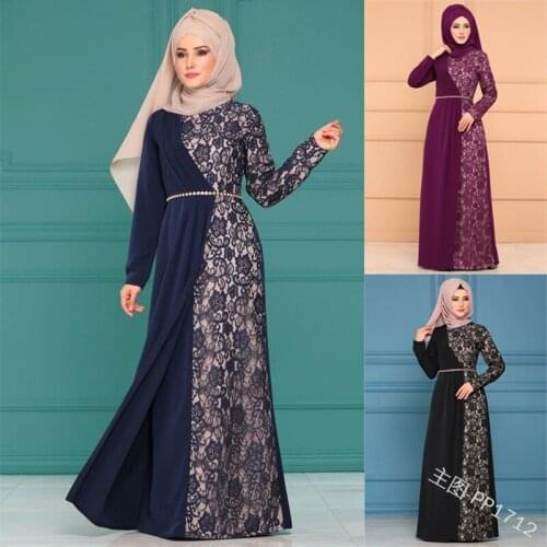 European and American Womens New Long-slim Lace Stitched Sexy Belt Long Dress Abaya Dress Turkish Kaftan