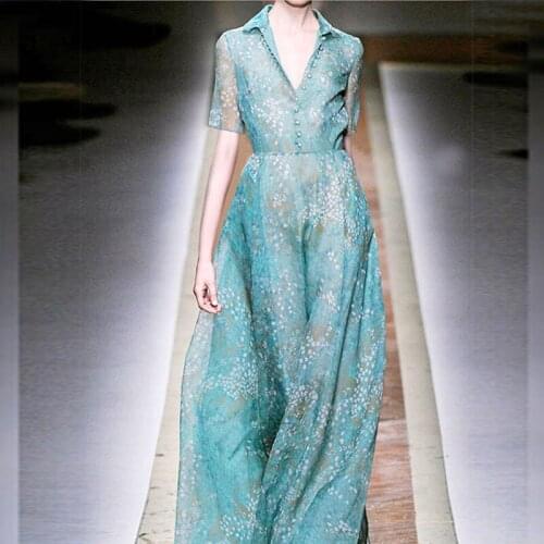 2021 Designer Fashion Summer Chiffon Dress Runway New Women Turn-down Collar Blue Short Sleeve Button Flower Printed Dresses