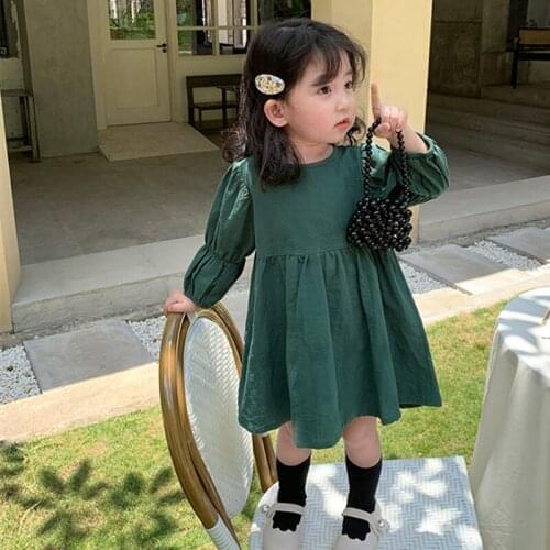 2021 New Arrival Spring 100% Cotton Toddler Dress Solid Long Sleeve A-line Dress Kids Clothes O-neck Princess Dress For 2-7Yrs