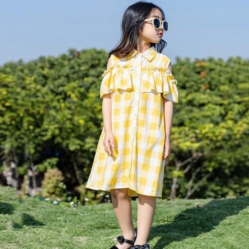 2021 Plaid Girls Dress Summer Dress Turn Down Collar Teenage Kids Dresses for Girl Princess Costume 4-14Y Children Clothing