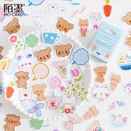 45P Kawaii Cartoon Bear Rabbit Stationery Sticker Scrapbook Seal Creative Kindergarten Reward Sticker DIY Deco Adhesive Supplies