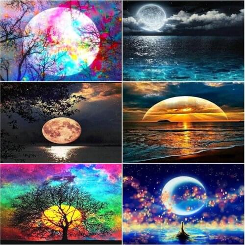 CHENISTORY 5D Square Diamond Painting Moon Landscapepicture Embroidery Kit Seascape Mosaic Design Crafts Home Decor Gift