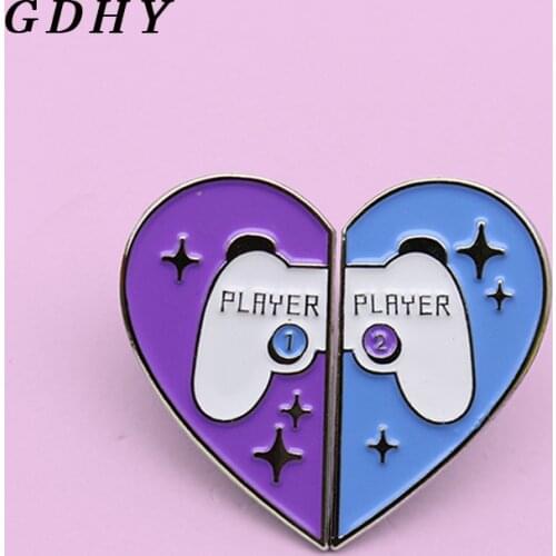 GDHY 2pcs/set Broken Heart-shaped Enamel Pins Blue Violet Heart PLAYER Game handle Brooch Pin Badges Jewelry for friend