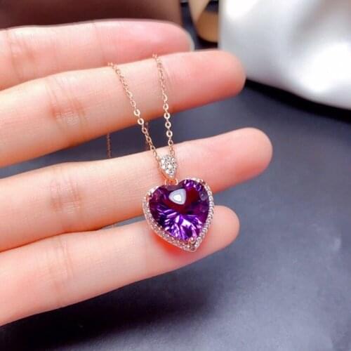 FYSL Silver Plated Love Heart Natural Amethysts Crystal Pendant Link Chain Necklace for Valentines Day Jewelry
