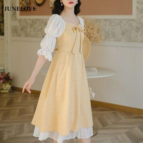 JuneLove 2021 Vintage Kawaii Party Midi Dresses Women French Fairy Tale Plaid Yellow Dress Puff Sleeve Sweet Cute Princess Dress