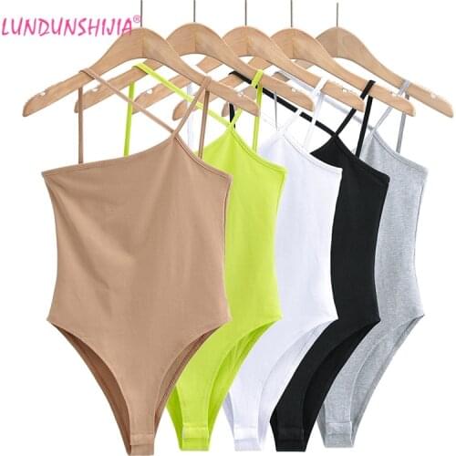 LUNDUNSHIJIA Summer Fluorescent Green Sexy Women Oblique Shoulder Spaghetti Strap Bodycon Bodysuit Streetwear Backless Jumpsuit