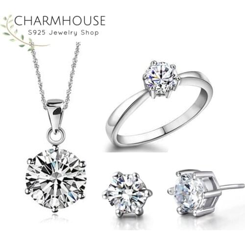Charmhouse Pure Silver Jewelry Sets For Women Cubic Zirconia Pendant & Necklace Earrings Ring 3pcs Costume Jewellery Set Bijoux