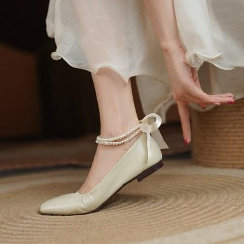 Osunlina New Basic Womans Flats Slip On 1cm Low Heels Square Toe Genuine Leather String Bead Sweet Office Casual Lady Shoes Ins