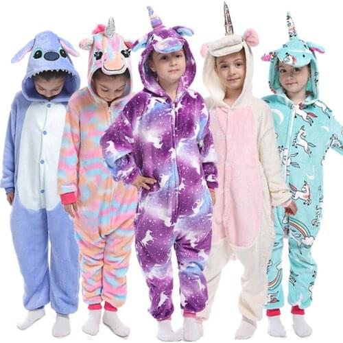 New Kids Kigurumi Pajamas Flannel Animal Pajamas Stitch Onesie Unicorn Pyjamas For Boys Girls Winter Children Sleepwear Overalls