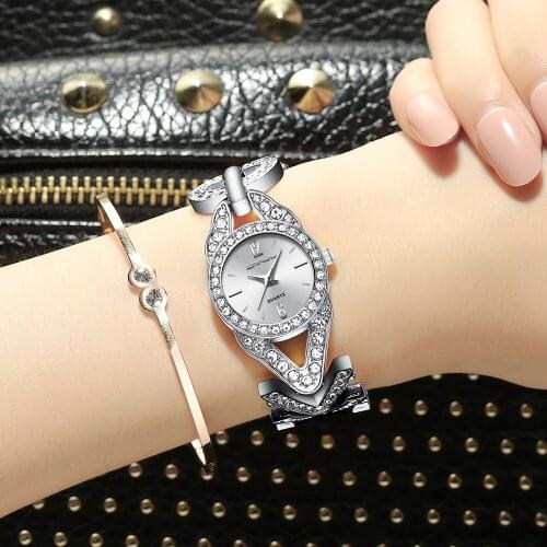 Luxury Brand Crrju Diamond Fashion Crystal Sliver Watch Women Creative Bracelet Quartz Watch Ladies Wristwatch Relogio Feminino