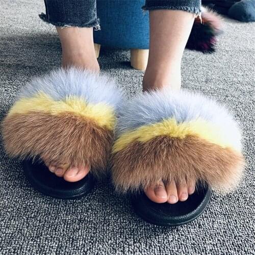 Summer Furry Shoes Womens Fashion Fox Fur Slippers Ladies Raccoon Fur Slides Female Casual Flat Sandals Big Size Flip Flops New