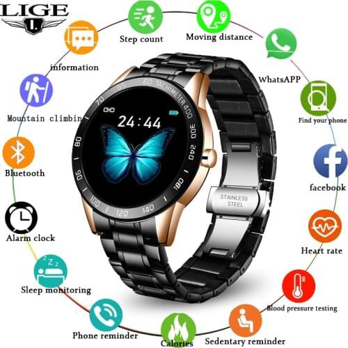 LIGE Smart watch Steel Belt Men Message Reminder Heart Rate Blood Pressure Monitor Sport Fitness Tracker Waterproof Smartwatch