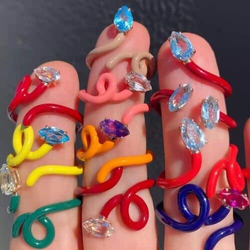 Vedawas Punk Design Colourful Snake Rhinestone Open Geometric Adjustable Metal Rings for Women Party Paint Spary Jewelry Gifts
