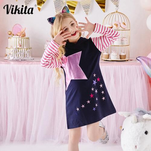 VIKITA Girls Hooded Dress for Children Tops Clothes Star Embroidery Vestidos for Autumn Spring Kids Long Sleeve Straight Dresses