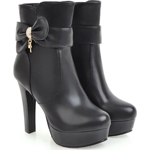 Big Size Europeans and Americans with round head and high heel side zipper bow waterproof platform boots