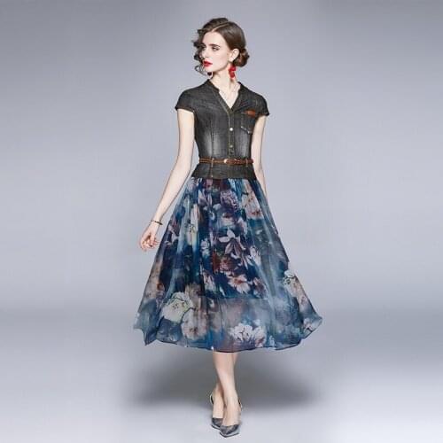 WTIANYUW 2021 New Elegant Vintage Patchwork Summer Dress Short Sleeve V Neck Jeans Shirt Dress