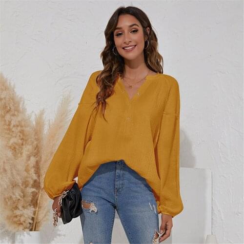 Autumn New Womens Fashion V-Neck Long Sleeve T-shirt Women Causal Loose Pullover Vintage Lantern Sleeve Tshirt Women Clothing