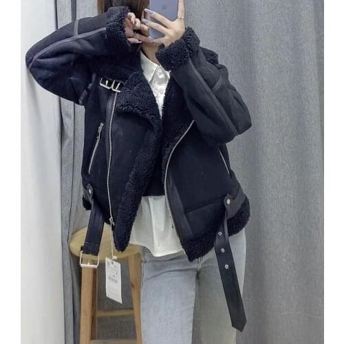 New Womens Jacket Faux Shearling Sheepskin Retro Suede Fur Motorcycle Jackets Black Belt Casual Loose Zaring Woman Jackets Za