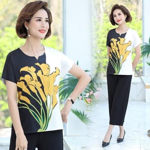 2021 Women Spring Summer Casual Middle-Aged Suit Lady Print Short Sleeve Shirt & Wide Leg Pant Set Female Vintage 2 Pcs Set E762