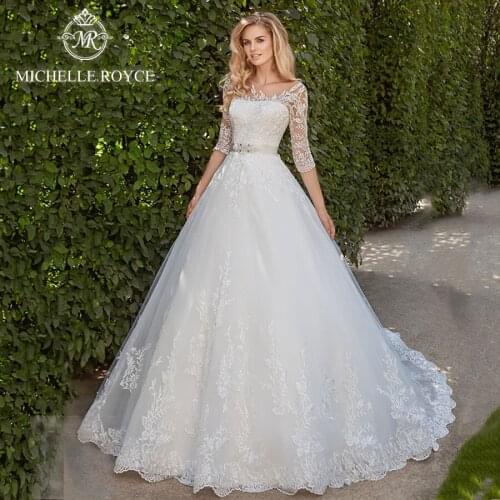 Michelle Royce A-Ling Wedding Dresses 2020 Three Quarter sleeves Cut Out Beaded Lace up Bow Cout Train Vestido De Novia