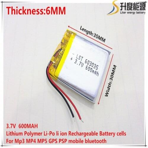 3.7V 600mAh 603035 Lithium Polymer Li-Po li ion Rechargeable Battery cells For Mp3 MP4 MP5 GPS mobile bluetooth
