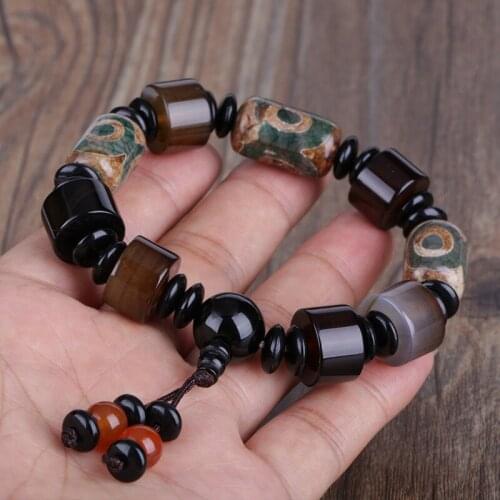 Big tube round smoky grey black brown onyx precious stone beads beaded charm tibetan buddhism beads bracelet for man