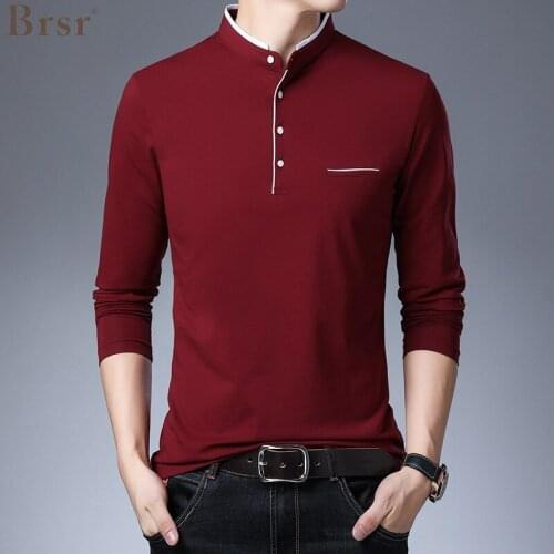 Spring Autumn Men Fall Shirt Stand Collar Male Tshirt Long Sleeve Slim Fit Cotton Top Tee Clothes Plus Size Oversized T-shirts