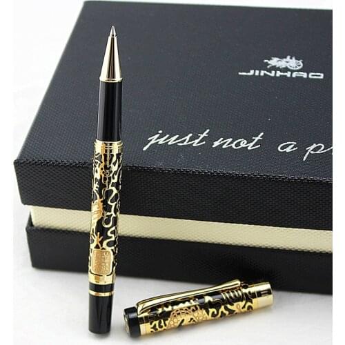 Jinhao 5000 Vintage Luxurious Metal Rollerball Pen Beautiful Dragon Texture Carving, Black & Golden Ink Pen for Office Business
