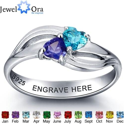 Personalized 925 Sterling Silver Around Two Heart Ring DIY Jewelry For Couples Customize Birthstone Ring (JewelOra RI101974)